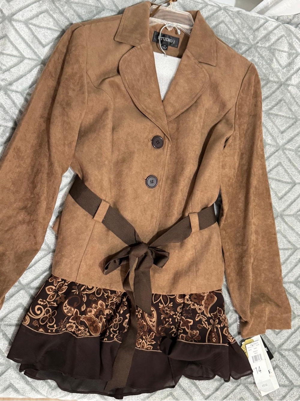 Studio I Brown Suede-Effect Belted Blazer with Printed Hem